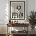 Bar cart with framed pet portrait black white frame options wall art