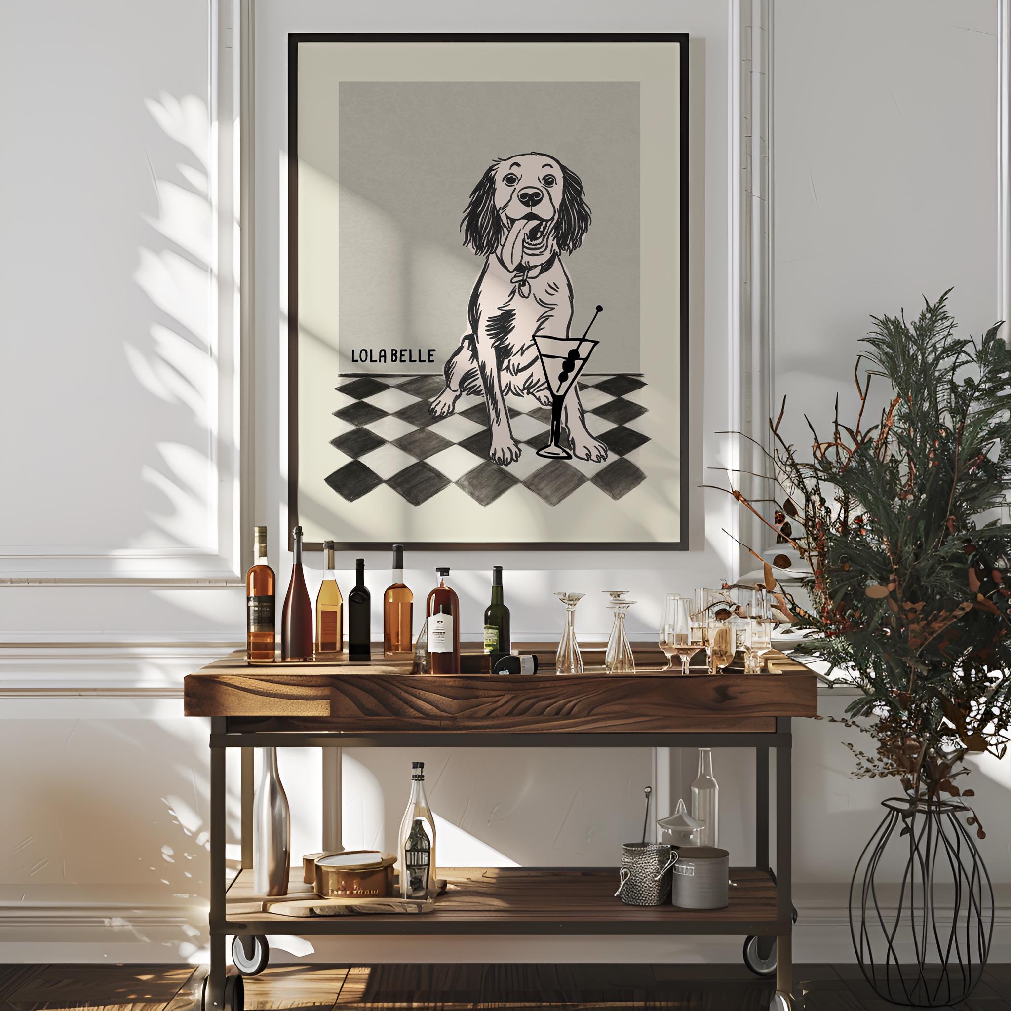 Bar cart with framed pet portrait black white frame options wall art