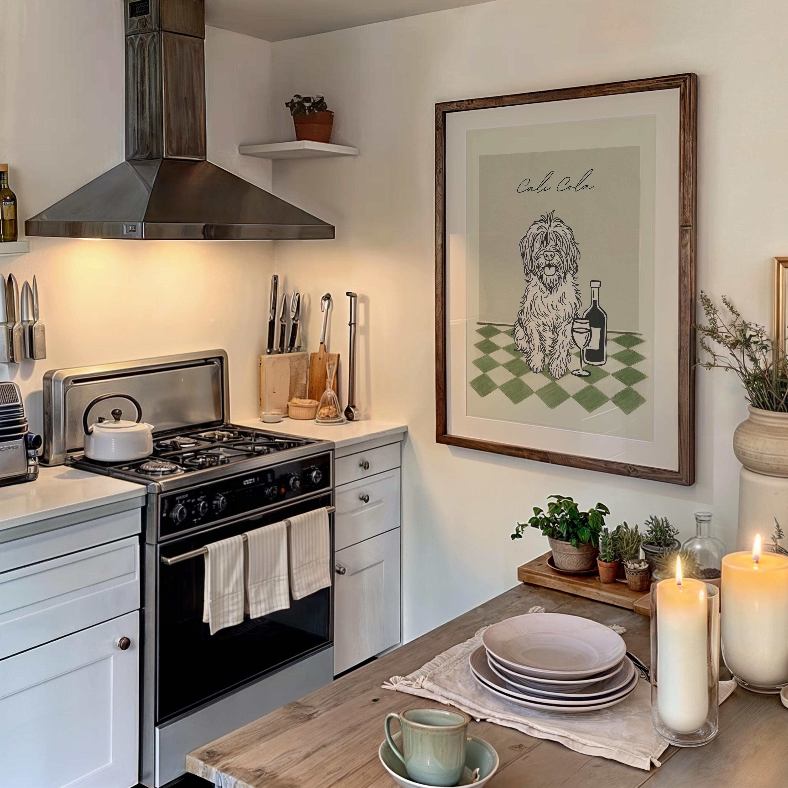 Framed pet portrait in kitchen 