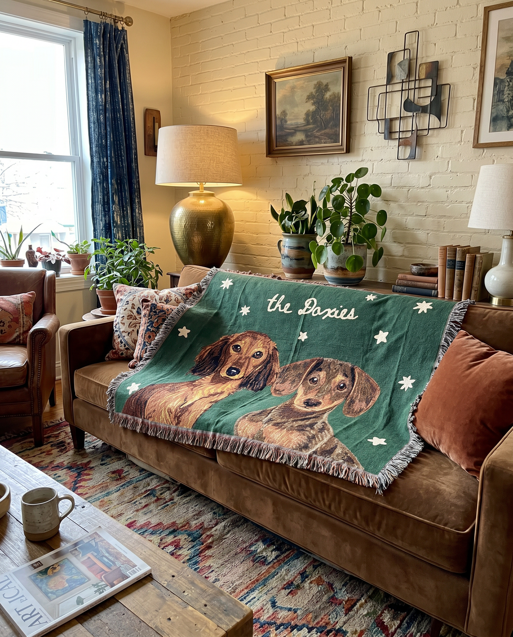 A green throw blanket featuring illustrations of three dachshunds and the text 'the Boxies' is draped over a brown suede sofa in a cozy, sunlit living room.