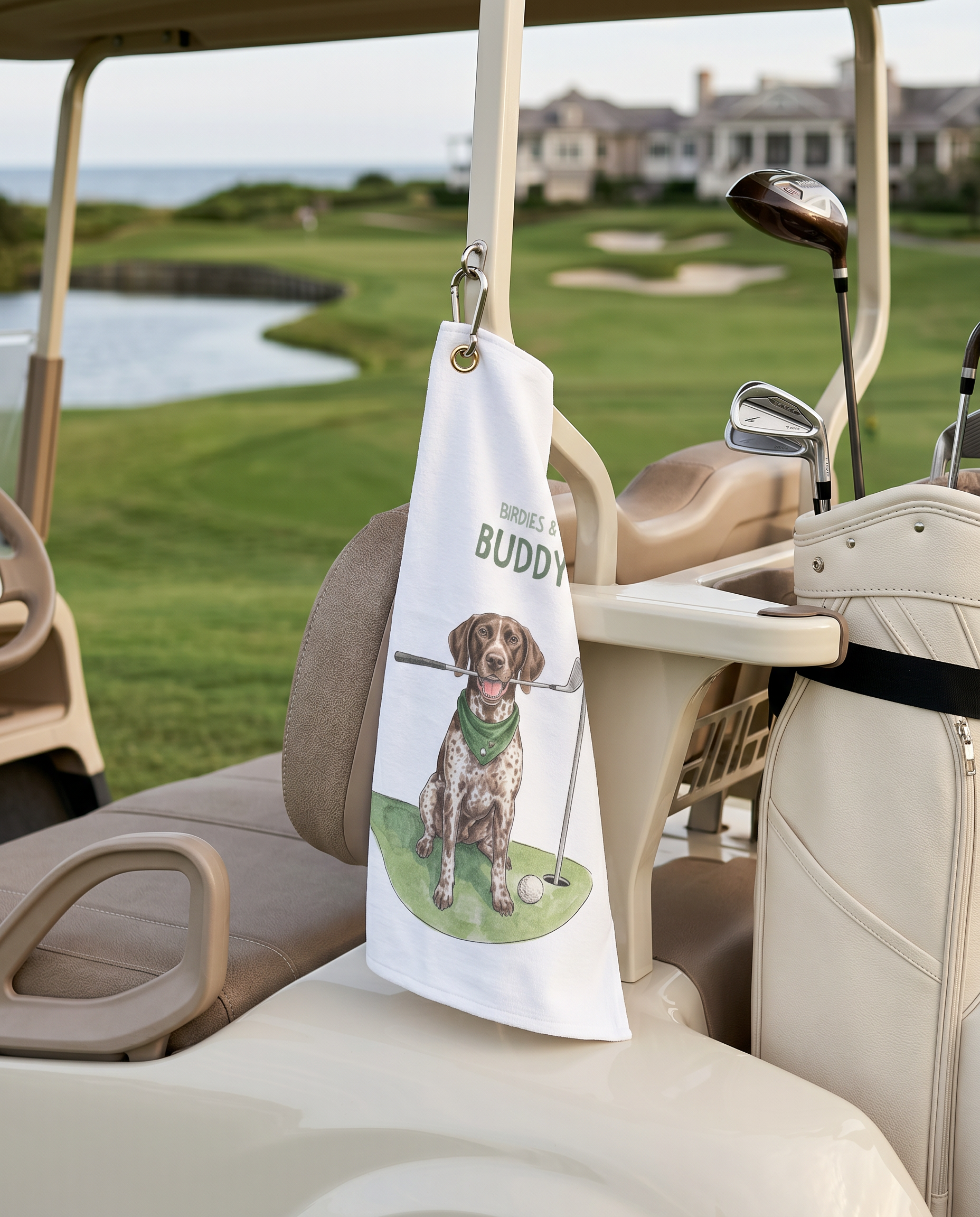 Golf cart with a towel featuring a pointer dog and text hanging from the seat