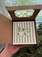 Green striped cocktail napkins with dog drawing and custom text