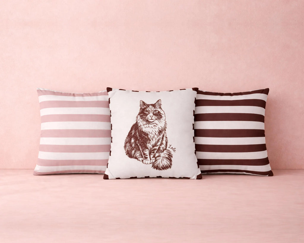 Three pillows with striped and cat print designs on a pink background