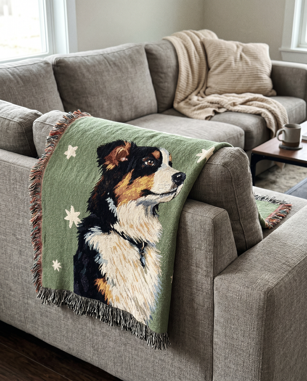 A woven throw blanket draped over the arm of a gray fabric sectional sofa in a living room. The blanket has a green background with white star motifs and a large portrait of a black, white, and tan dog.
