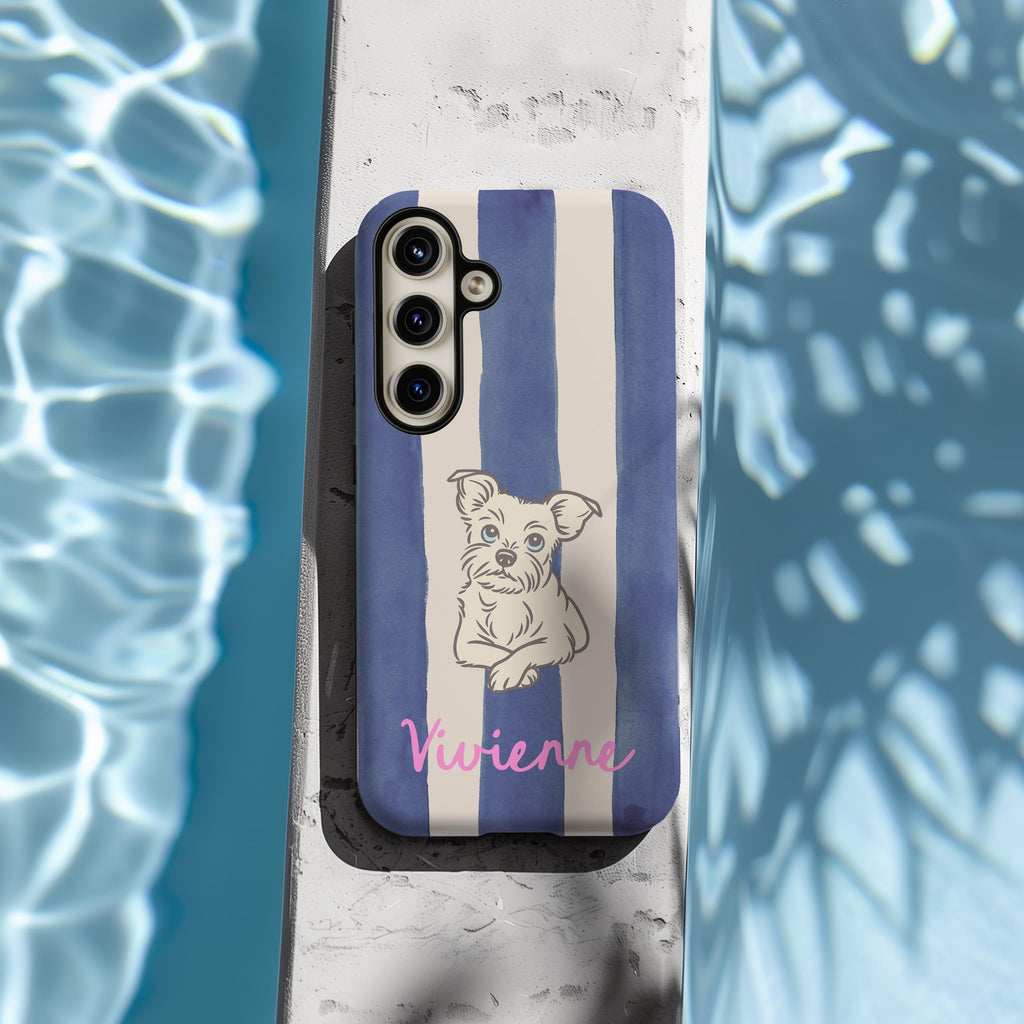 Blue striped Phone case with a dog illustration and name