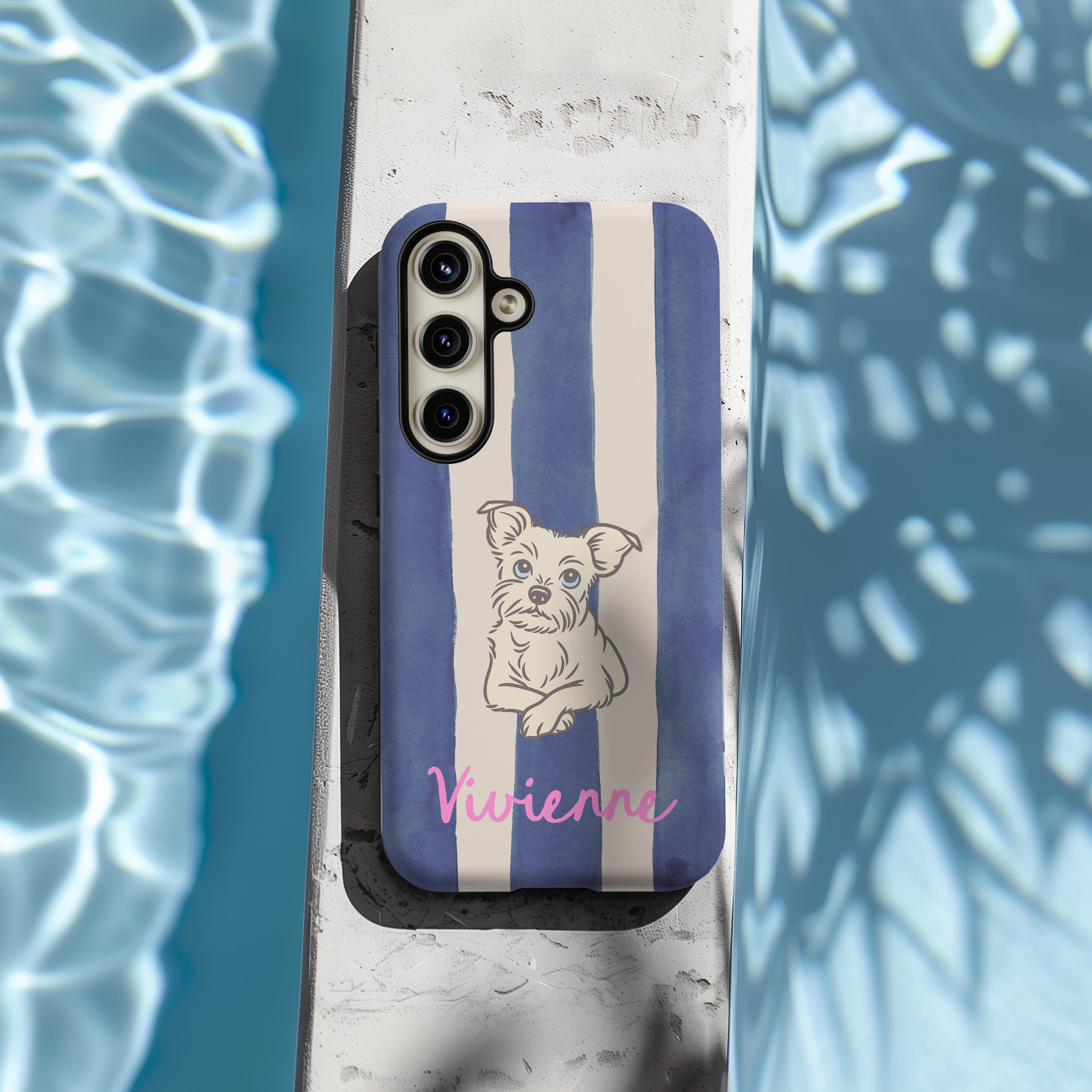 Blue striped Phone case with a dog illustration and name