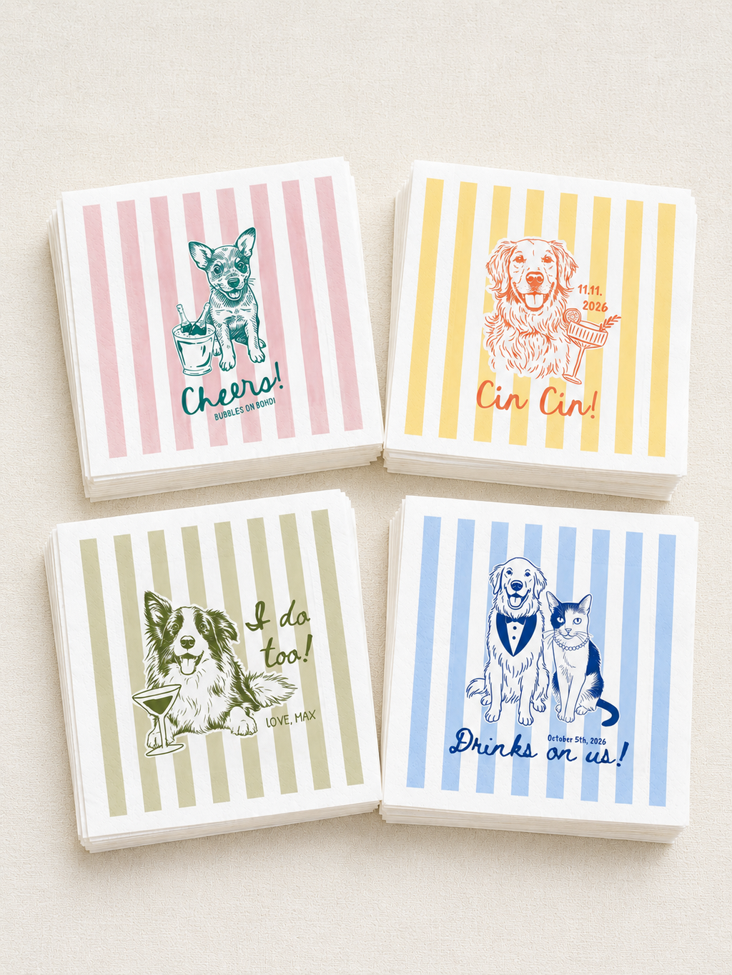 Personalized Striped Pet Cocktail Napkins - Color Line Art Dog Cat Portrait