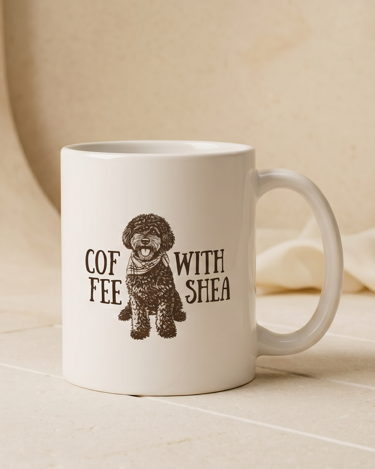 White mug with a dog illustration and text on a beige background