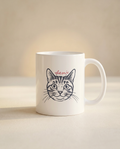 A white ceramic mug with a black line art illustration of a cat's face and the word 'dalm' in red script, set against a warm beige background.