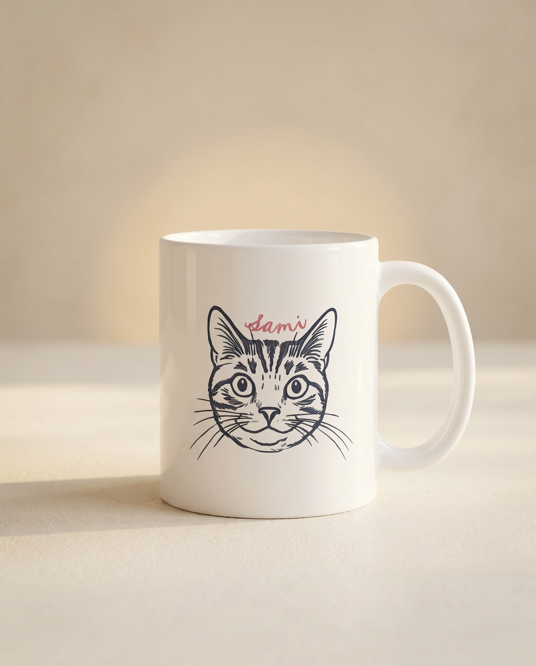 A white ceramic mug with a black line art illustration of a cat's face and the word 'dalm' in red script, set against a warm beige background.