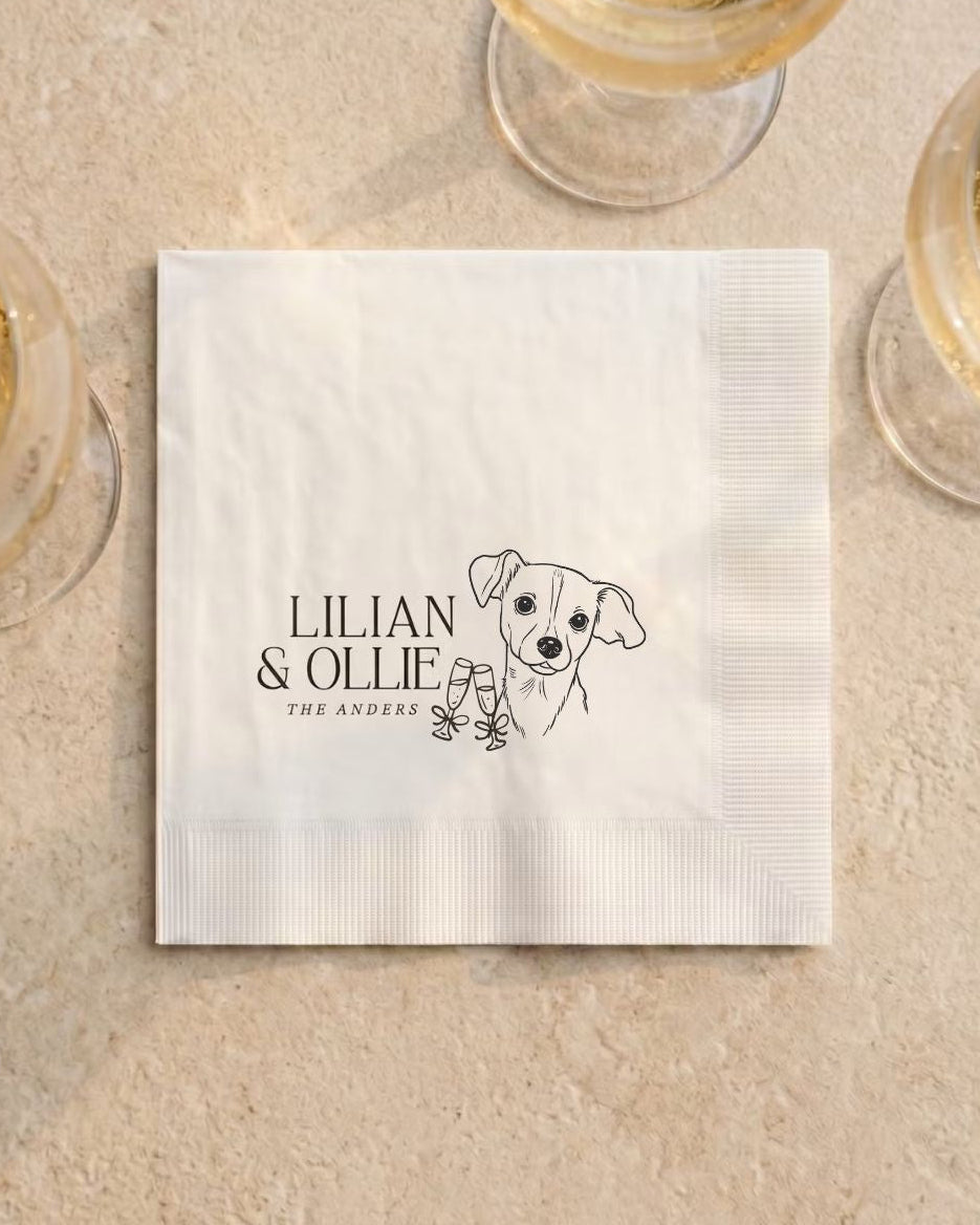 Custom Cocktail Napkins with dog for Wedding