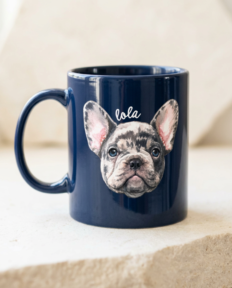 A navy blue ceramic mug with a custom French Bulldog portrait illustration and the name 'lola' written in white script, sitting on a light beige stone surface.