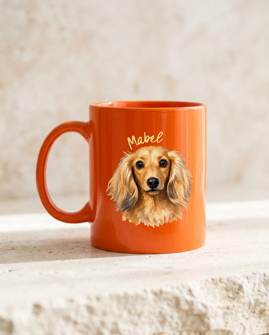 An orange ceramic mug featuring a printed illustration of a golden dachshund with the name 'Mabel' written above it, set on a light stone surface against a textured beige background.