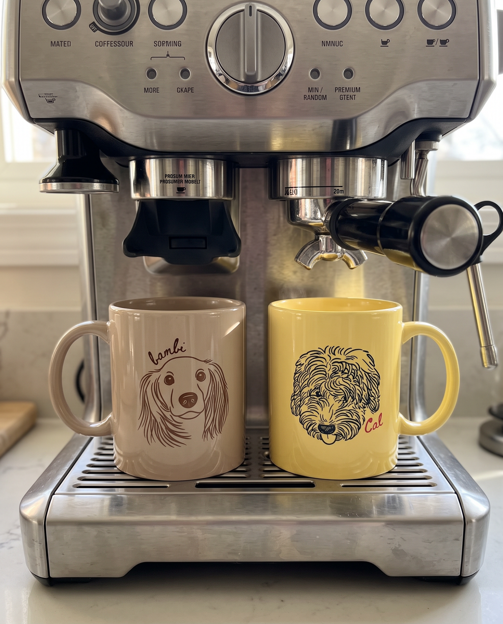 Two ceramic mugs with dog illustrations sitting on the drip tray of a stainless steel espresso machine in a kitchen setting.