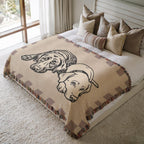 Beige blanket with dog illustration on a bed in a bedroom