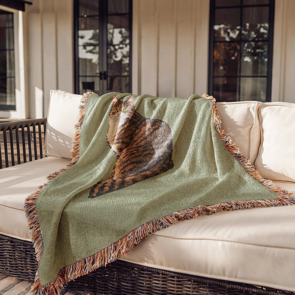 Green blanket with cat and fringe draped over a wicker chair on a patio