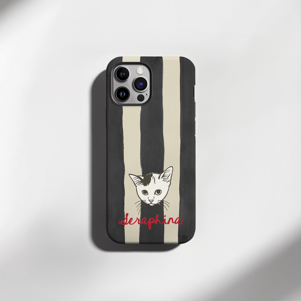 Black striped phone case with a striped design and a cat illustration on a white background