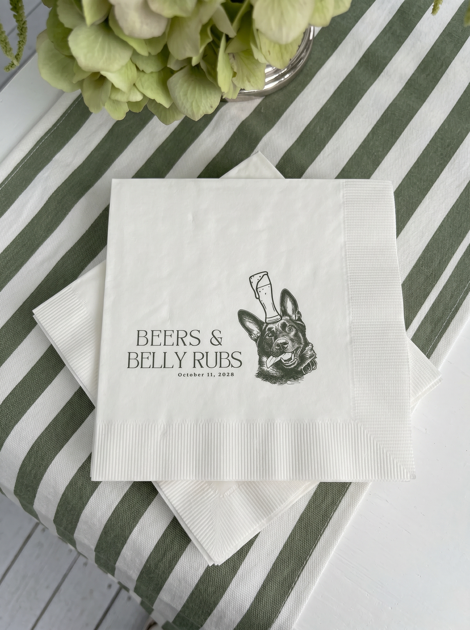 cocktail napkin with german shepherd and beer