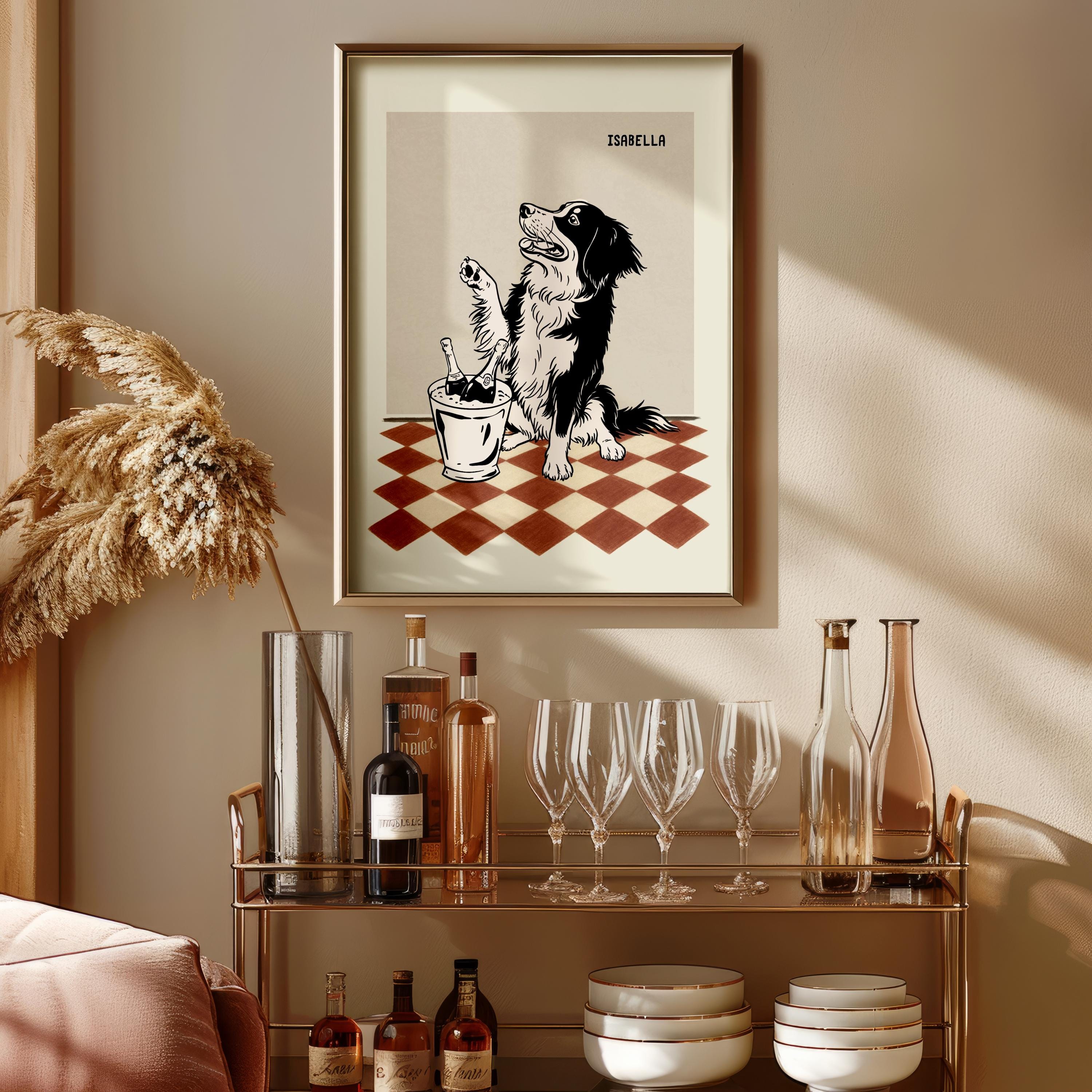 Framed artwork of a dog with a drink on a checkered floor, displayed above a bar setup with wine bottles and glasses.