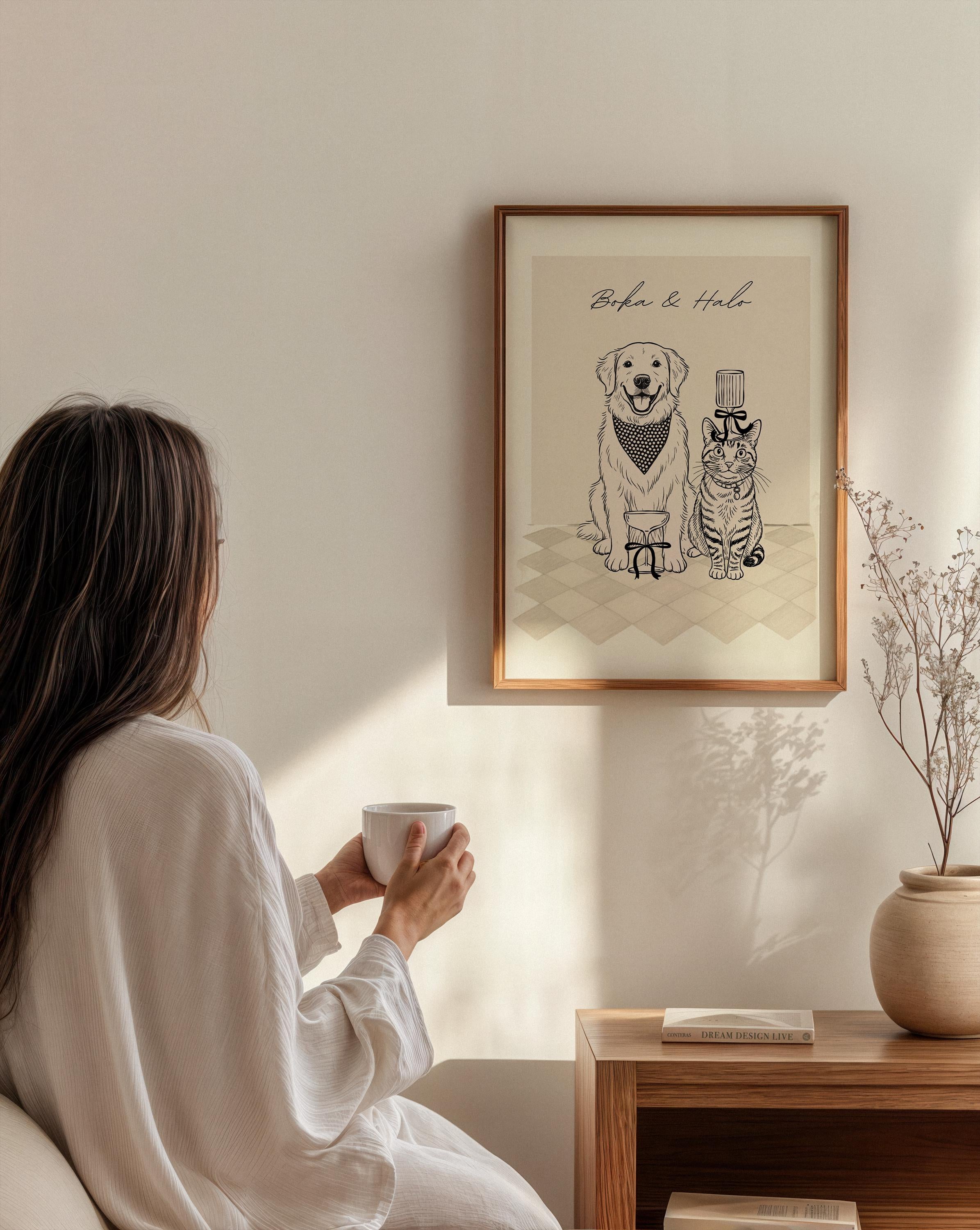 personalized pet portrait wall art in home decor framed dog and cat illustration
