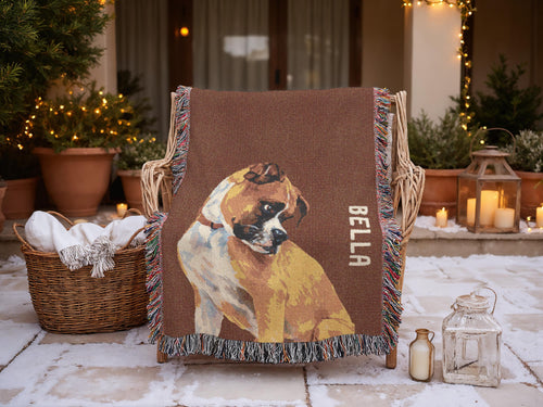 Brown blanket with a dog illustration and 'Bella' text draped over a chair outdoors.