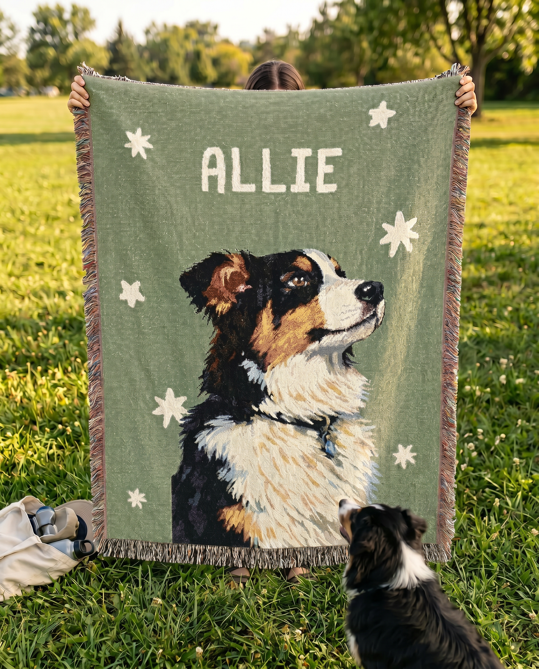 A person holds up a woven throw blanket in a grassy park. The blanket is sage green with white stars, the name 'ALLIE' in white text, and a detailed portrait of a black, white, and tan dog.