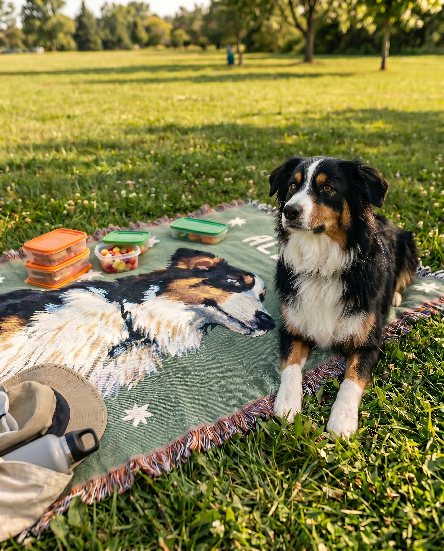 A black, white, and tan dog sits on a green picnic blanket printed with a large dog face, on a grassy park lawn. The blanket has fringed edges and is styled with food containers, a hat, and a water bottle.