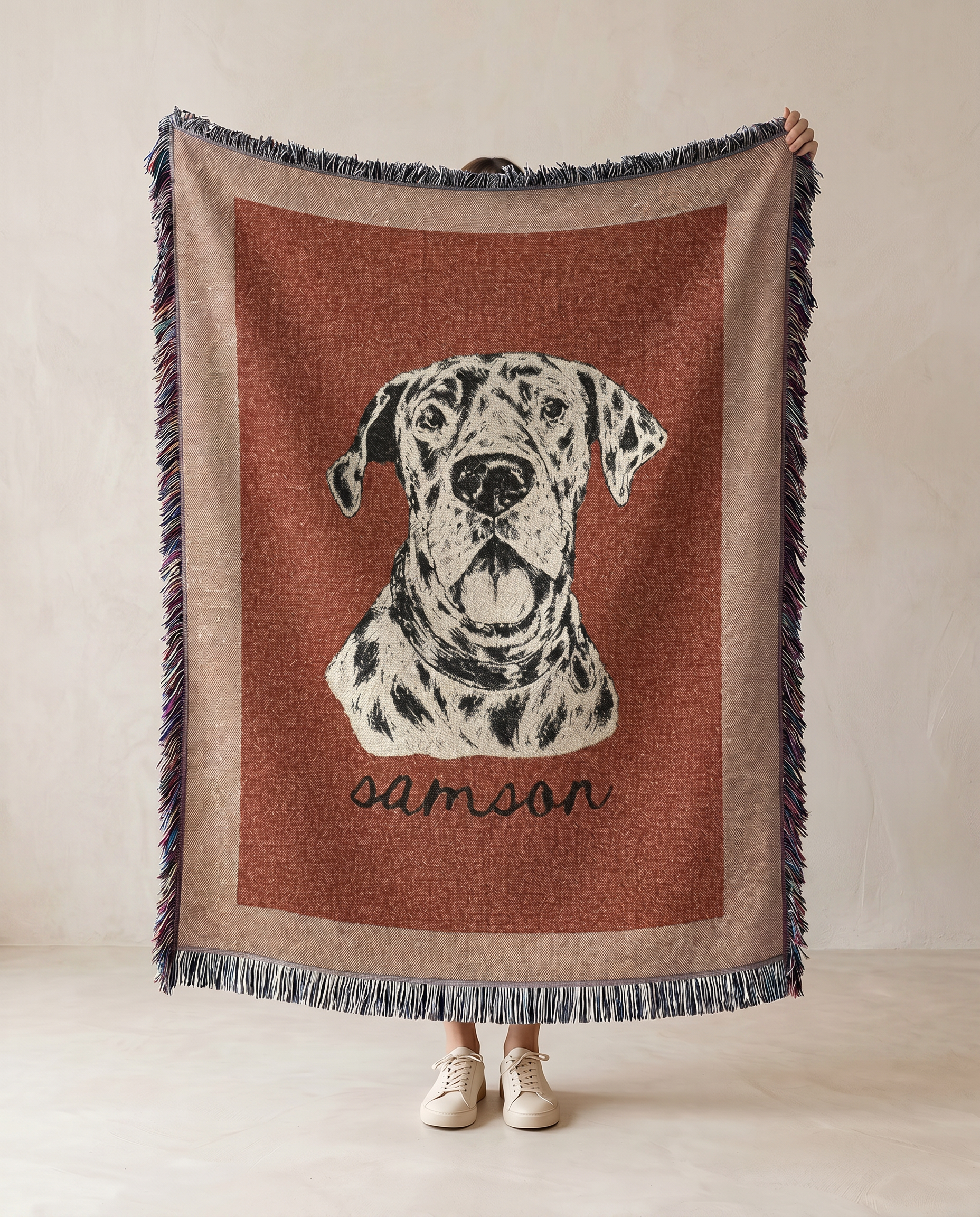 Custom Pet Blanket with Pet Portrait and Name - Woven & Color Boarder