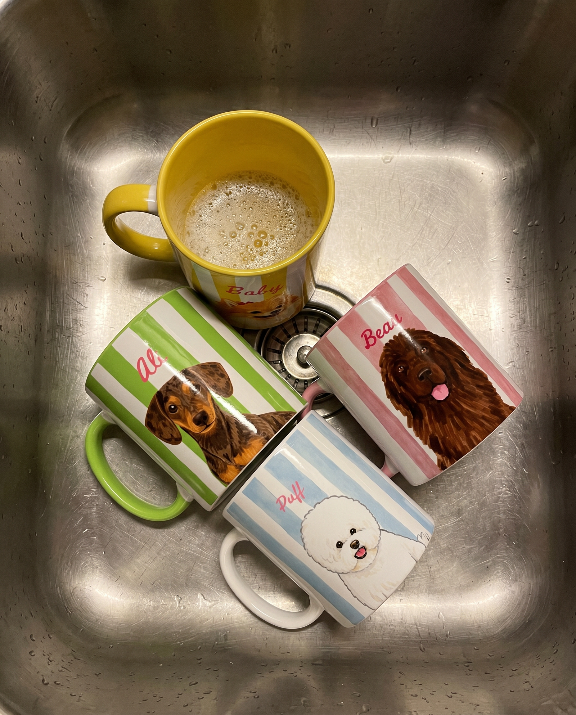 Four dog-themed ceramic mugs with different stripe patterns and dog illustrations are arranged in a stainless steel kitchen sink.