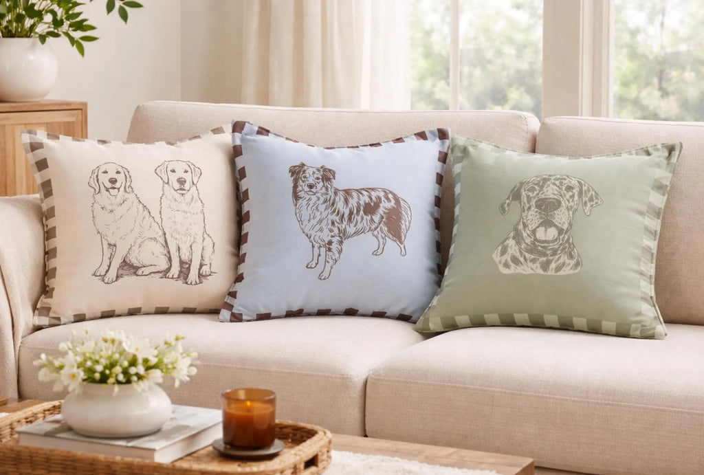 Beige sofa with decorative pillows featuring dog illustrations in a living room setting.