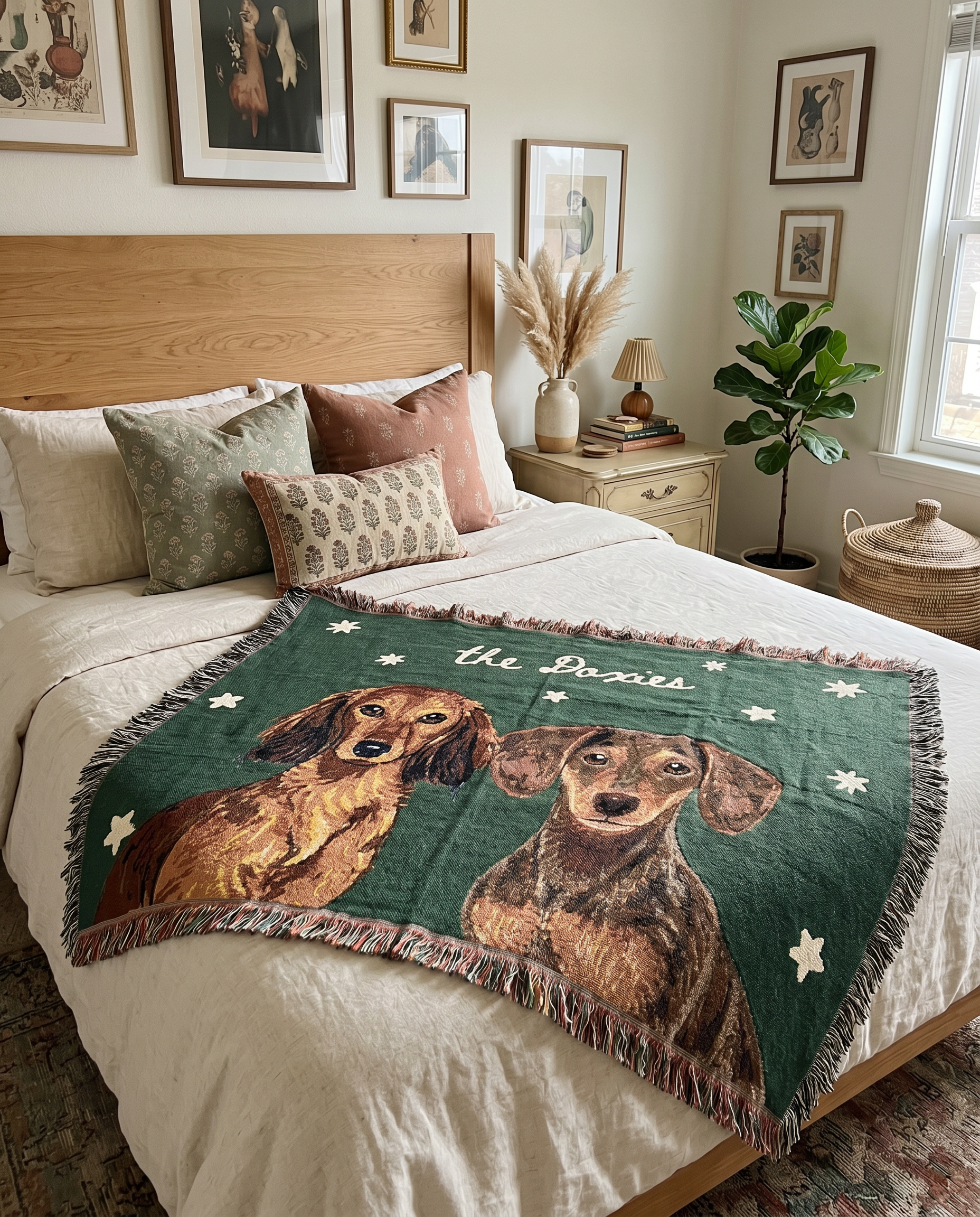 A green woven throw blanket with fringe, featuring illustrations of two dachshunds and the word 'the Breeds' in script, styled on a bed in a warm, decorated bedroom.