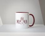 White mug with red interior and handle, featuring a dog illustration and 'MAMA' text on a white background.
