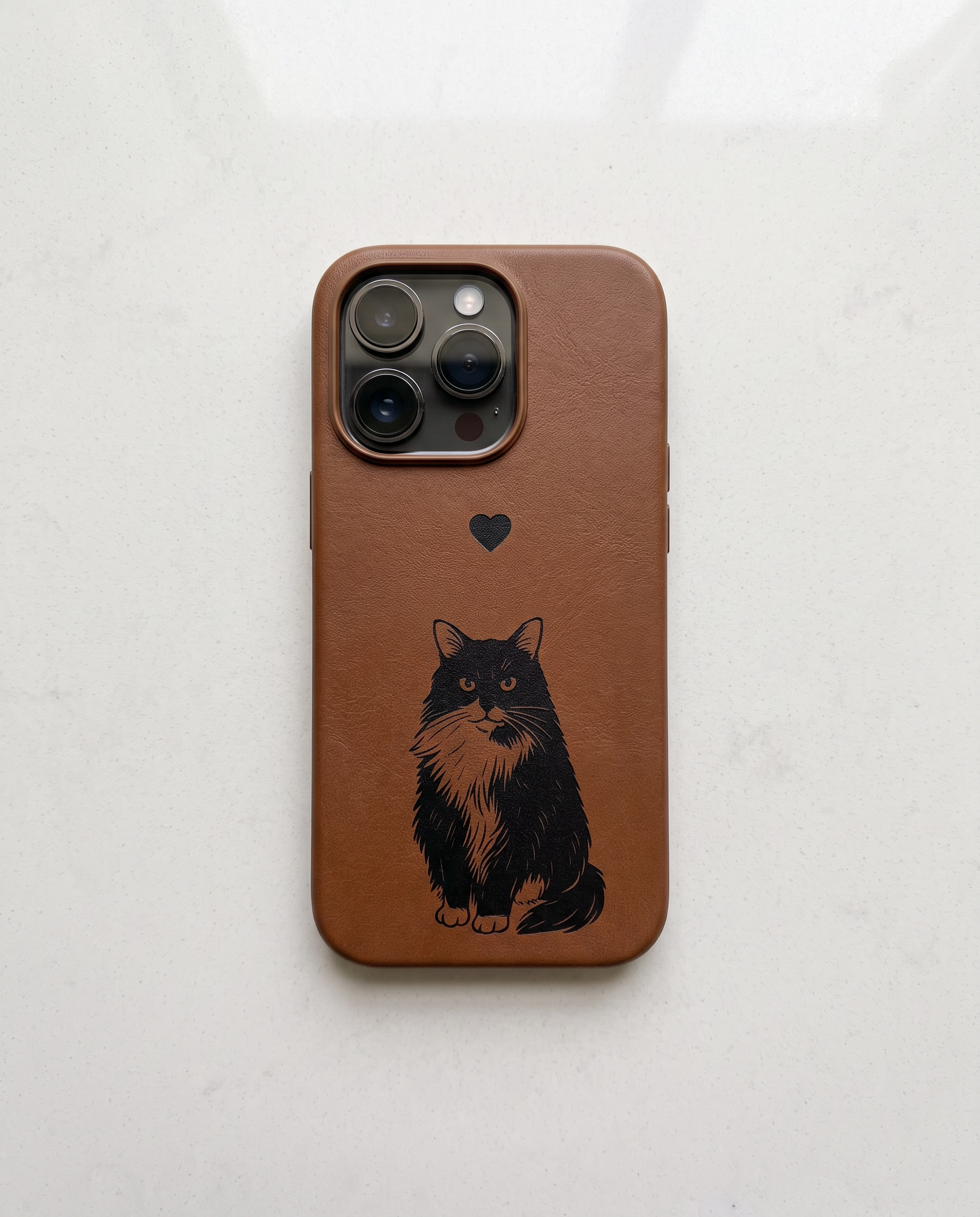 A brown leather phone case featuring a black and white cat illustration and a small heart, shown on a light gray marble surface.