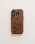 A brown leather phone case featuring a black line art illustration of a dachshund and a small black paw print, shown on a light beige textured background.