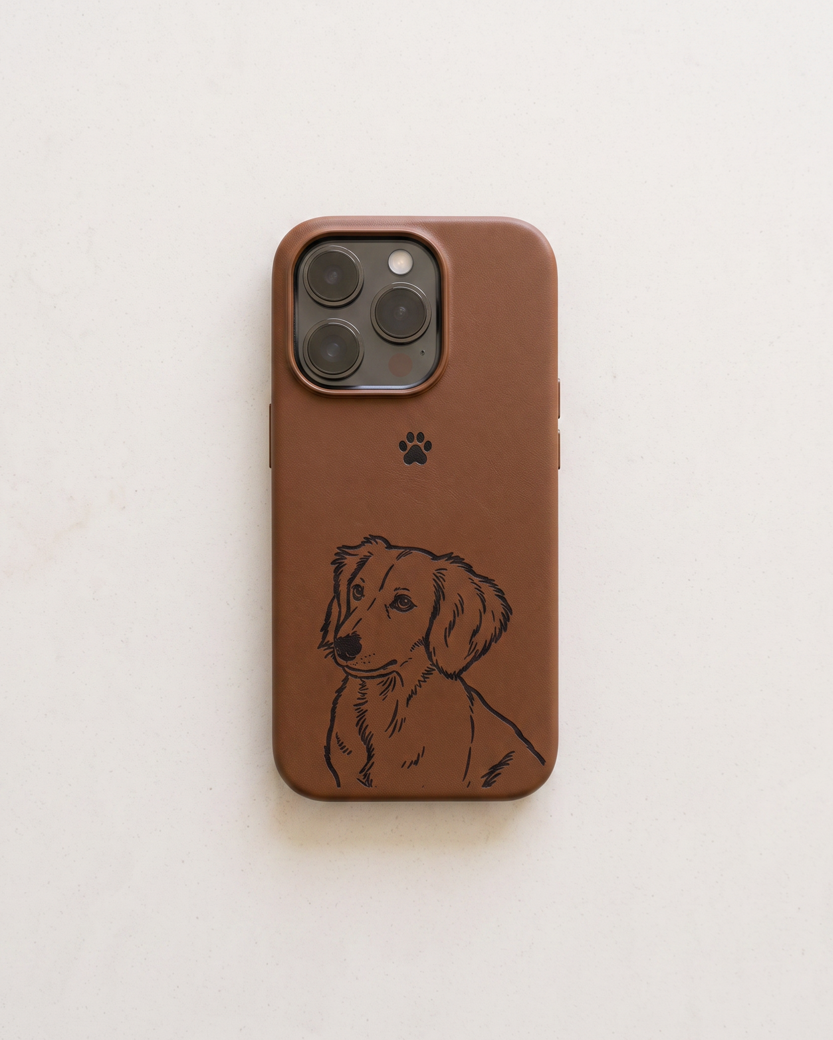 A brown leather phone case featuring a black line art illustration of a dachshund and a small black paw print, shown on a light beige textured background.