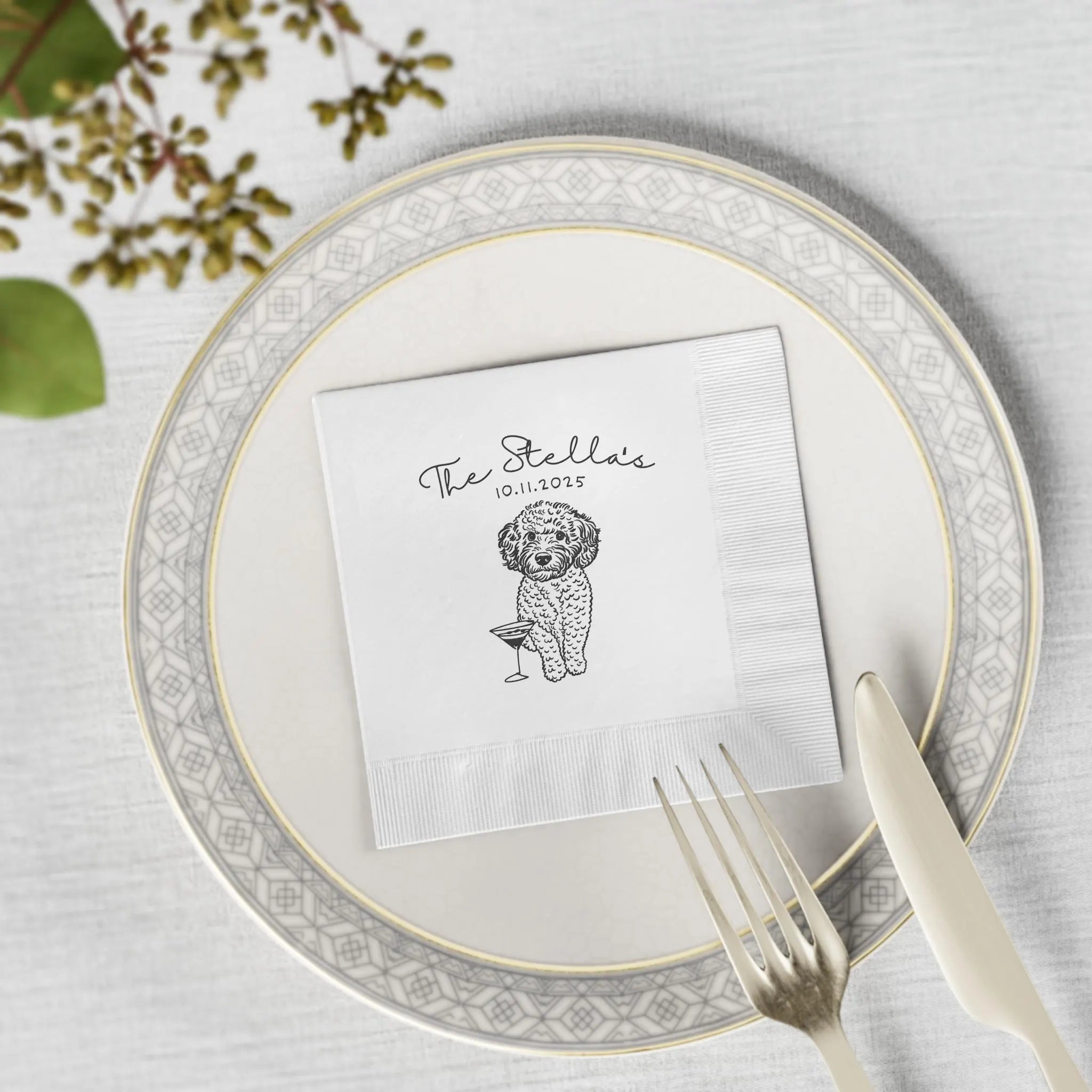 cocktail napkin with dog and martini 