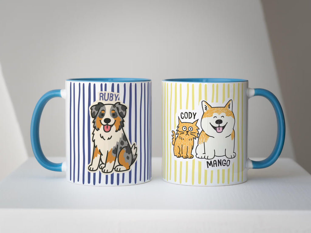 Two mugs with animal illustrations on a white background