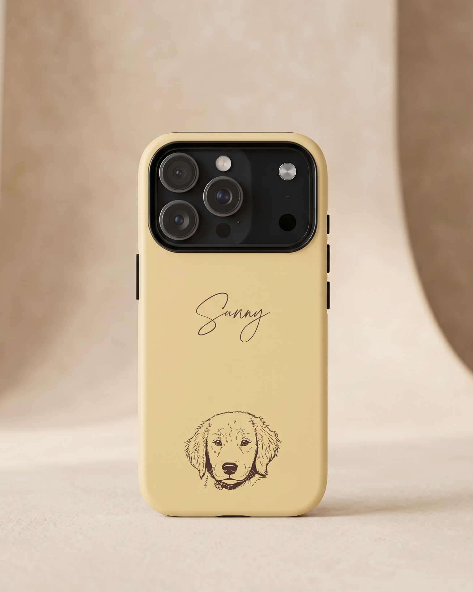 yellow phone case with a dog illustration and 'Sunny' text on a beige background