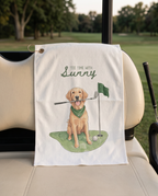 Golf towel with a golden retriever dog illustration and text 'Tee time with Sunny' on a golf cart.