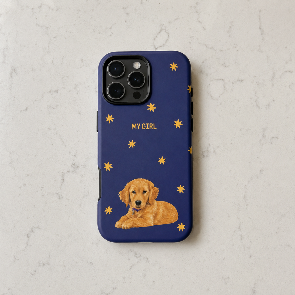 A navy blue phone case featuring a golden retriever puppy illustration and small yellow stars, with the text 'MY GIRL' printed above the dog. The case is displayed on a light gray marble surface.
