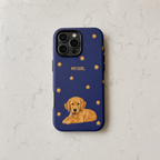 A navy blue phone case featuring a golden retriever puppy illustration and small yellow stars, with the text 'MY GIRL' printed above the dog. The case is displayed on a light gray marble surface.