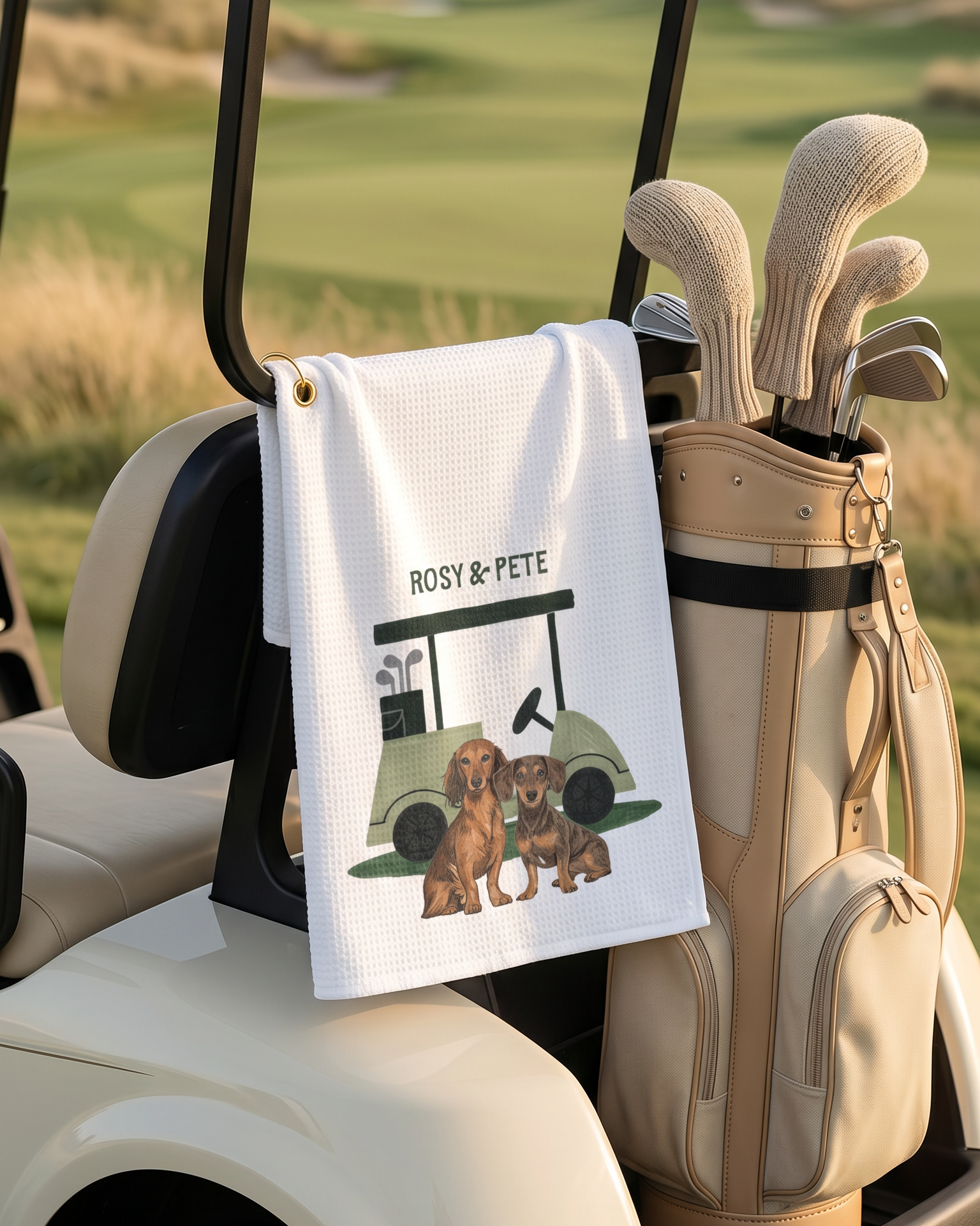 Golf towel featuring two dachshund dogs on a golf course and cart with golf clubs
