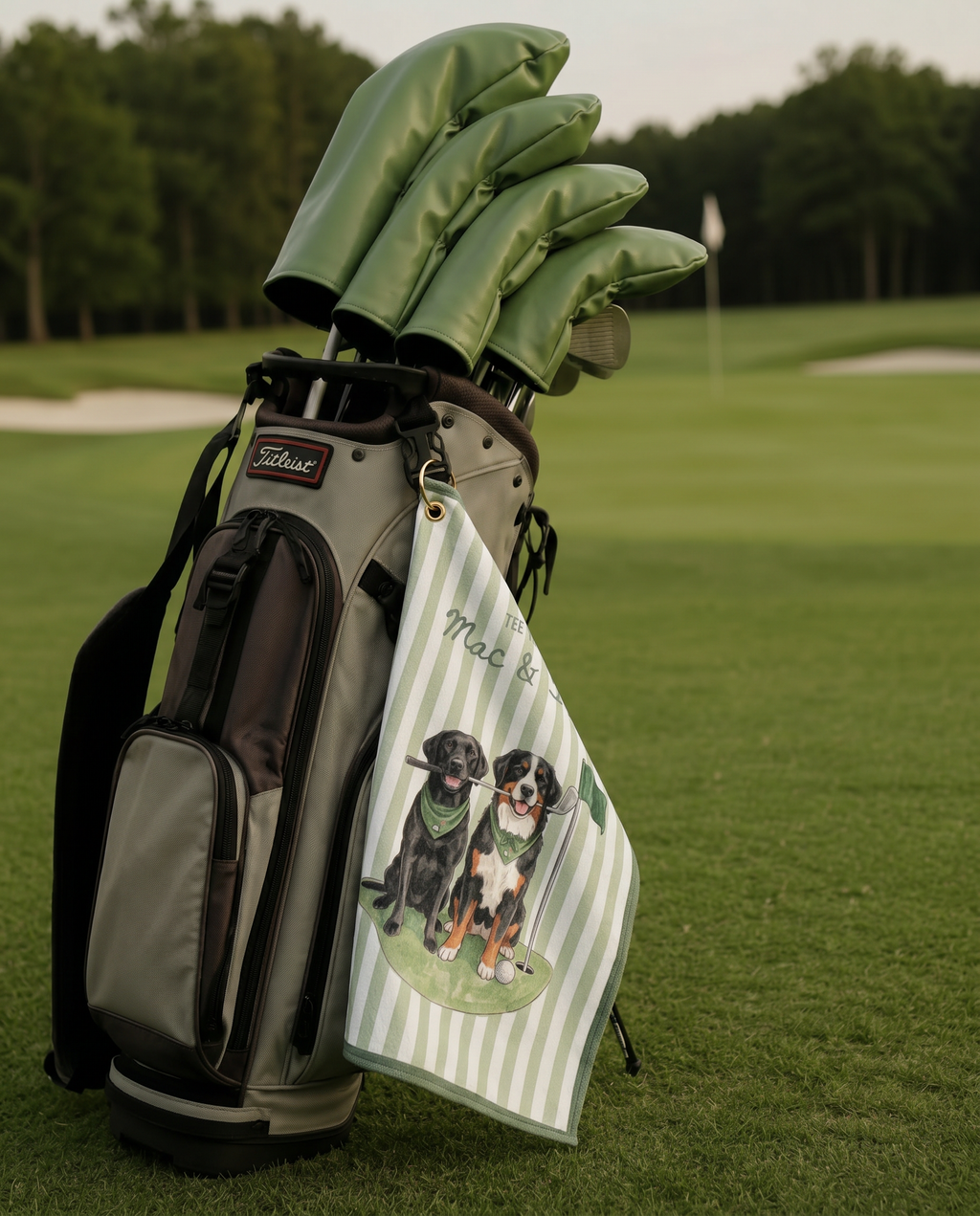 Golf bag with dog golf towel and clubs on a golf course