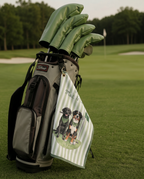 Golf bag with dog golf towel and clubs on a golf course