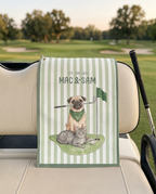 Golf towel with dog and cat playing golf on a car seat