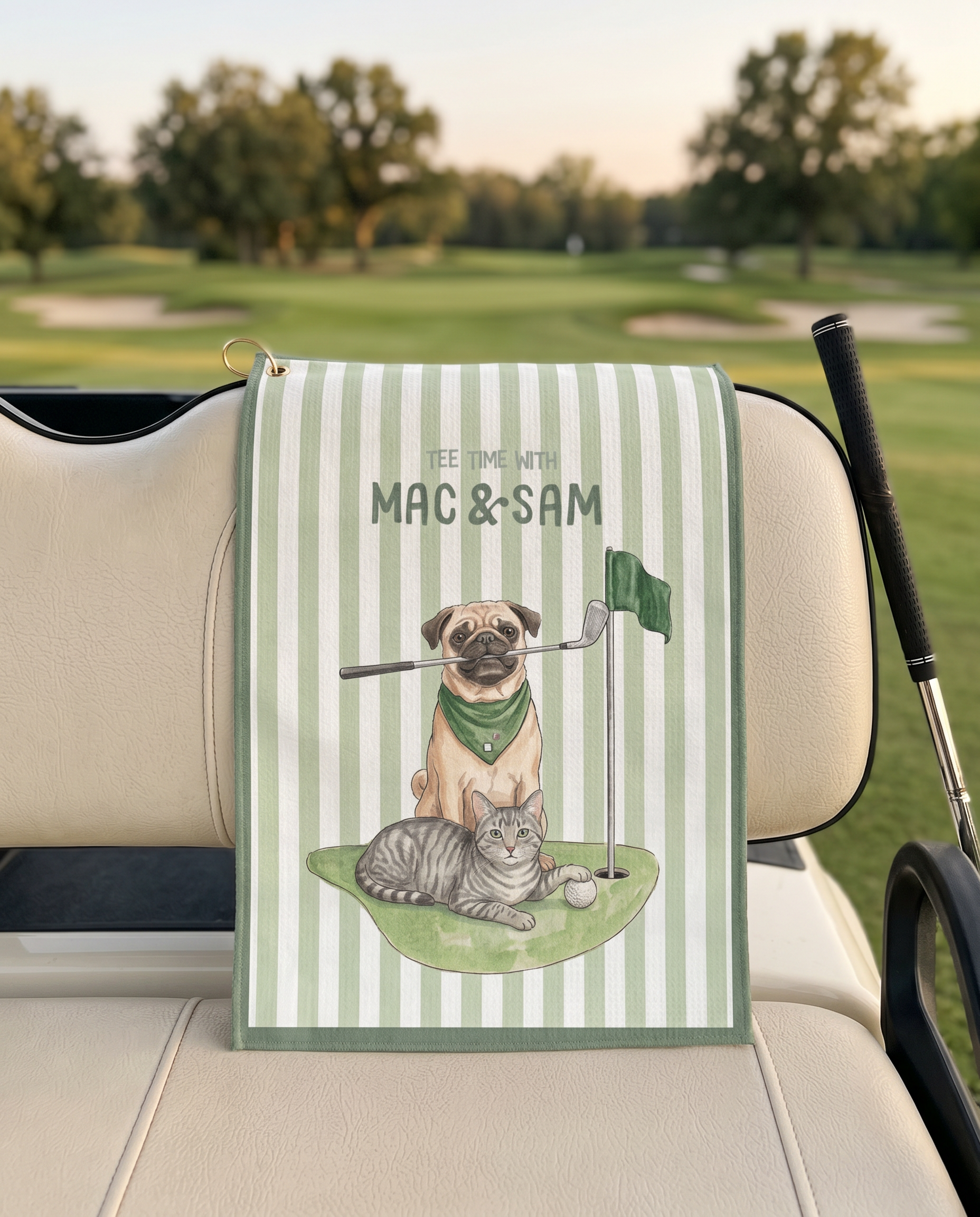 Golf towel with dog and cat playing golf on a car seat