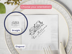 Napkin with personalized design of bulldogs and text 'The Millers' on a decorative plate.