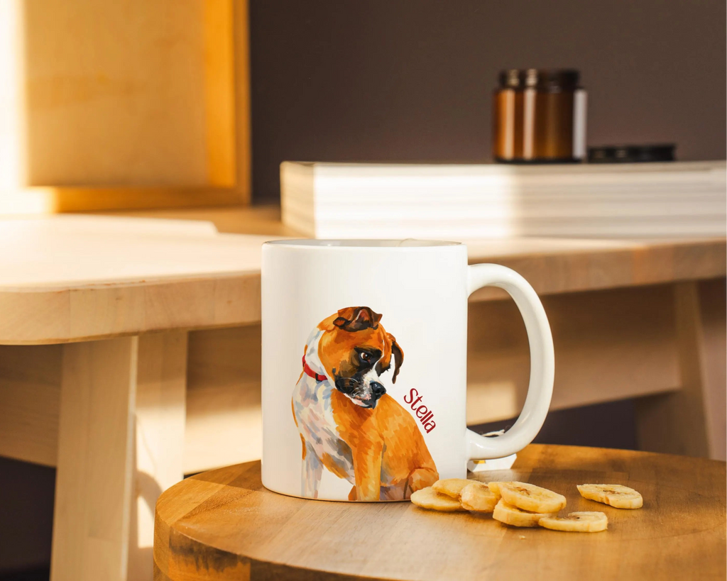 White mug with custom dog illustration and text