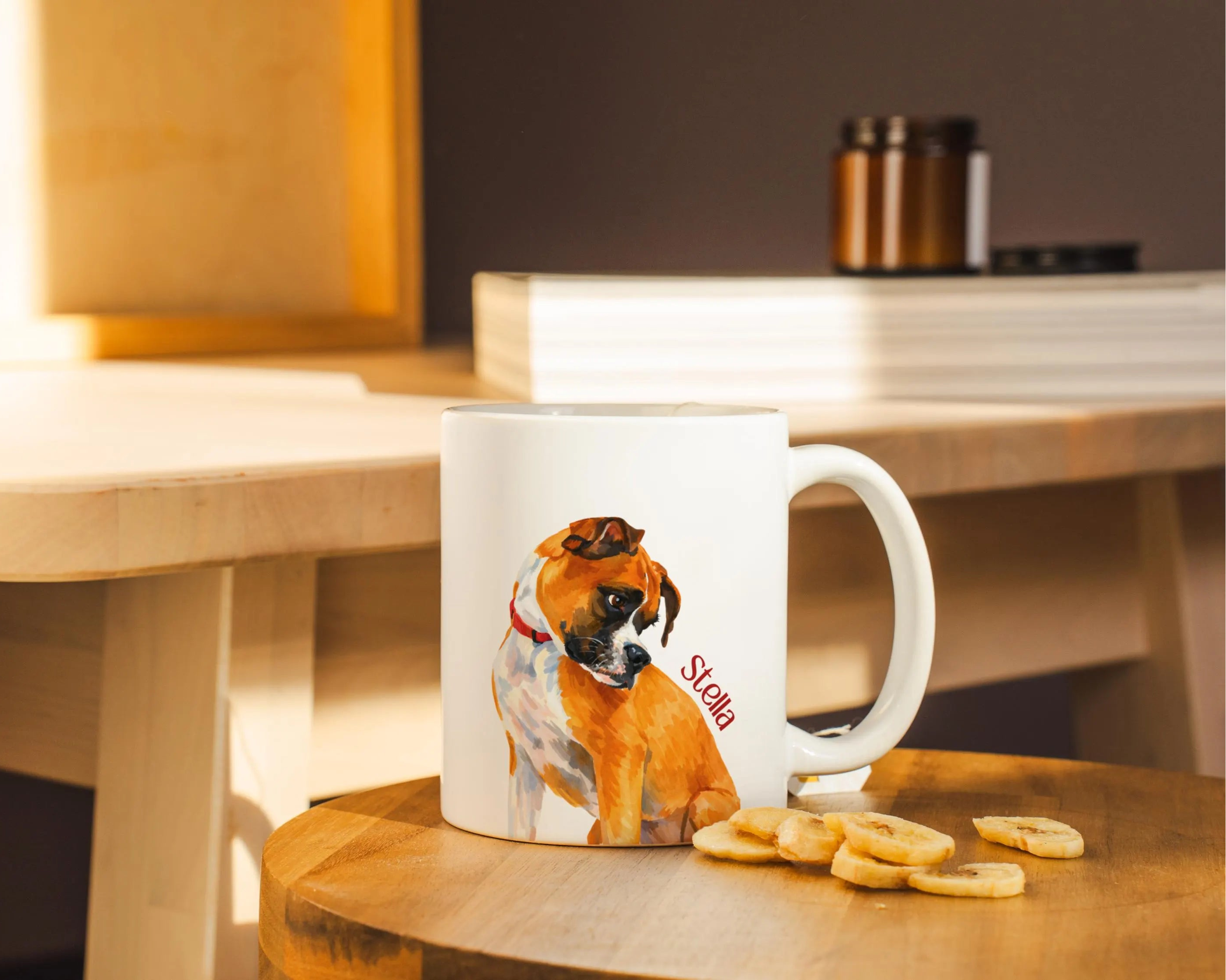 White mug with custom dog illustration and text