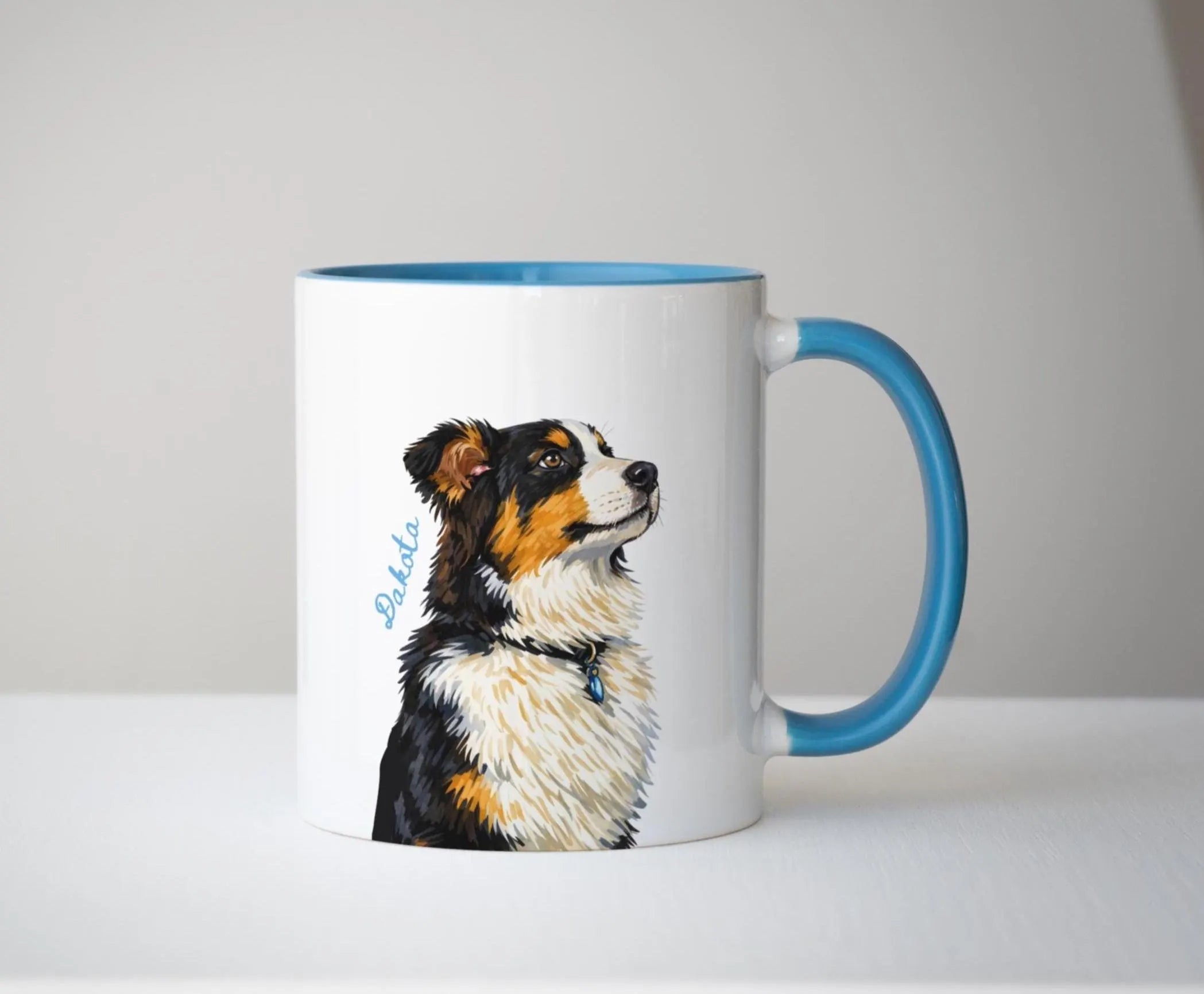 Mug with a dog illustration on a white surface